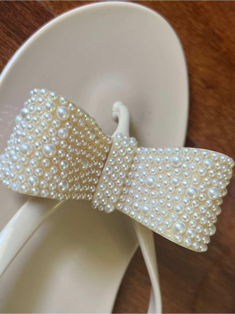 INC International Concepts Cream Pearl Bow Flat Sandals